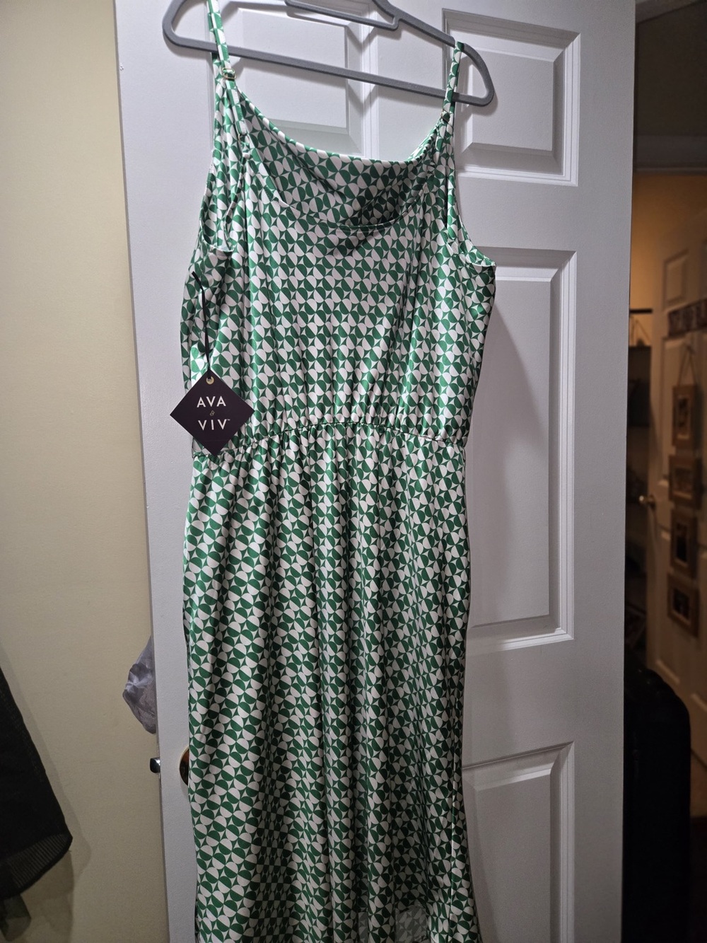 Ava & Viv Green and White Geometric Cowl-Front Slip Dress